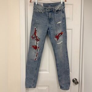 H&M Unique Distressed Art Patch Denim Jeans Red Sugar Skull Print Size 29
